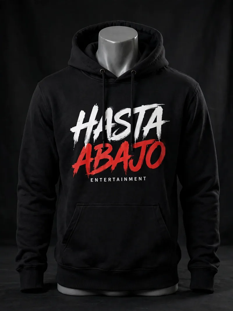 Hoodie oficial Hasta Abajo — frente con el logo